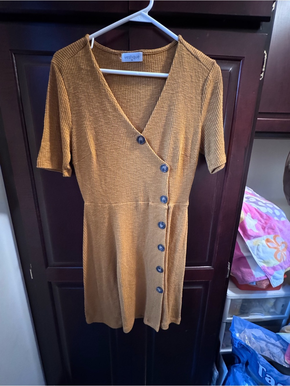 vestique Mustard Ribbed Wrap Button Mini Dress